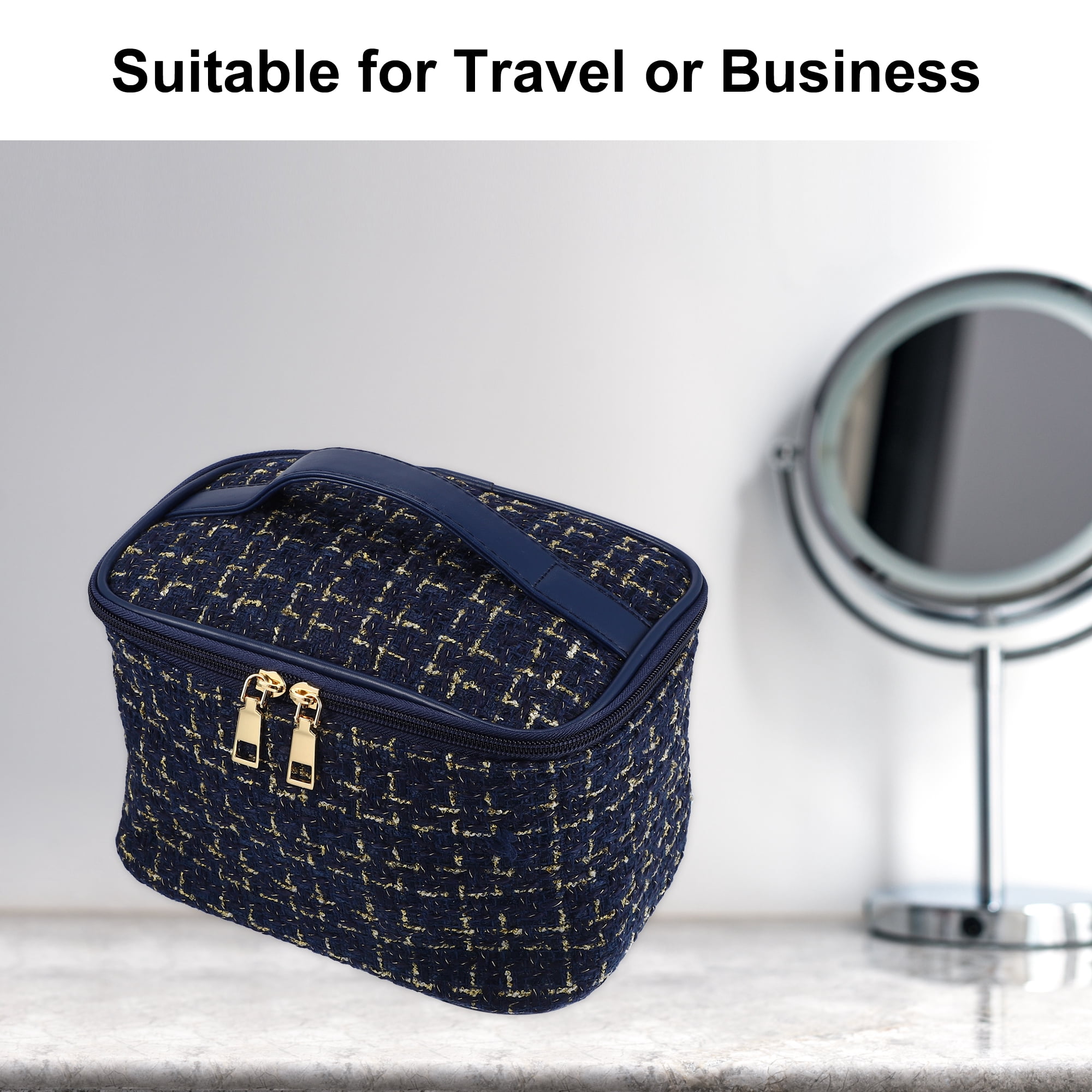 Unique Bargains Floral Makeup Bag Zipper Flower Cosmetic Pouch Navy Blue