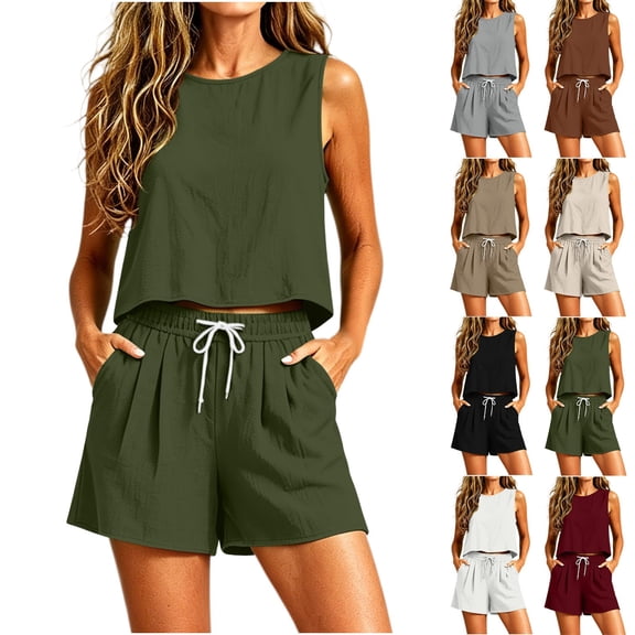 Zynoxe Womens Cotton Linen Short Sets Cropped Tank Top Drawstring Shorts Lounge Sets Lightweight Two Piece Matching Outfits with PocketsBeigeS