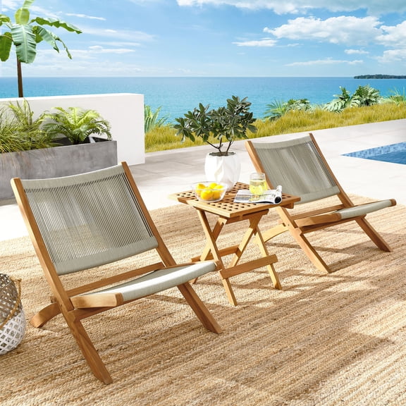 Modway Vienna 3-Piece Outdoor Patio Teak and Rope Folding Lounge Chairs and Side Table in Natural Natural