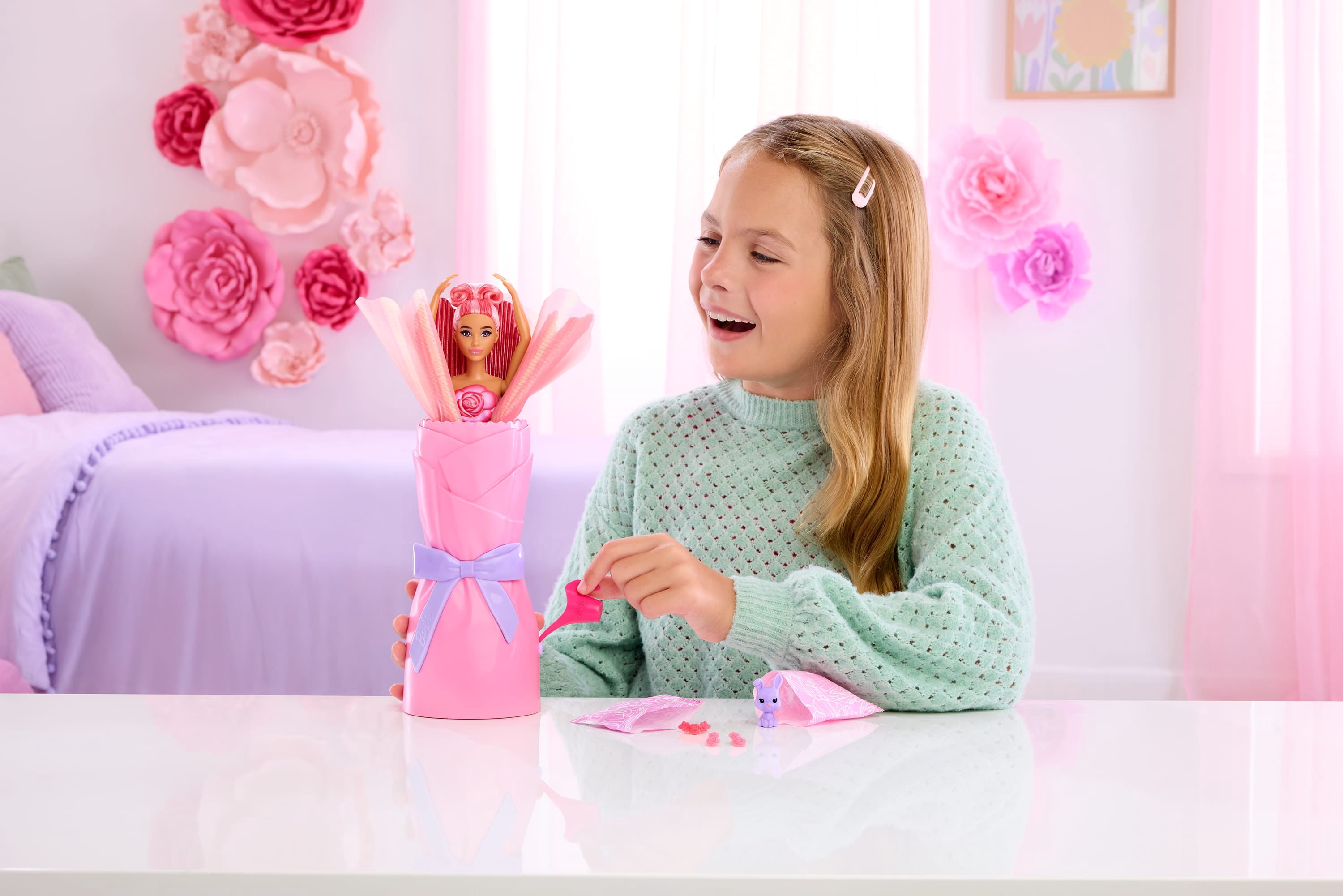Barbie Petal Pop Scented Fashion Doll with Rose Dress, Reveal Accessories like Bunny & More