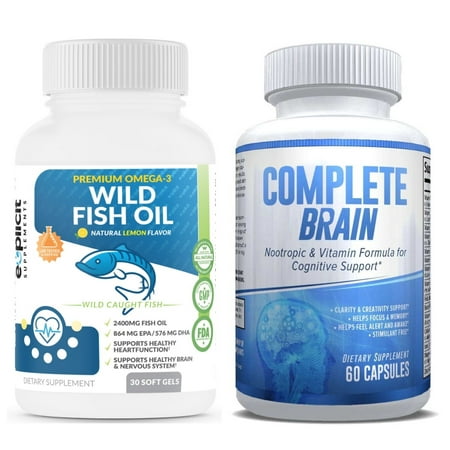 CompleteBrain Nootropic and Wild Fish Oil Omega 3 Enhanced Neuro Performance Combo Stack - Improves Memory, Mood, Focus, Clarity and