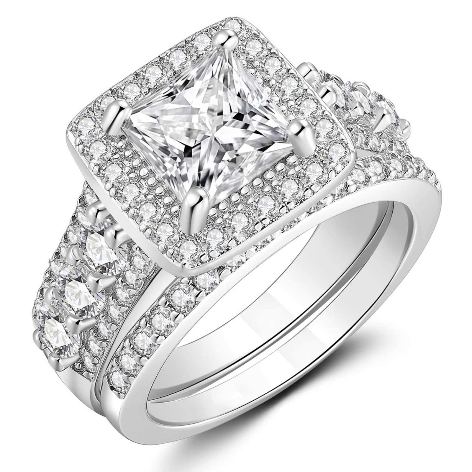 SFTING Wedding Rings for Women Halo Princess Cut Engagement Rings Enternity 5A CZ Silver Plated Jewelry Promise Rings for Her Size 7
