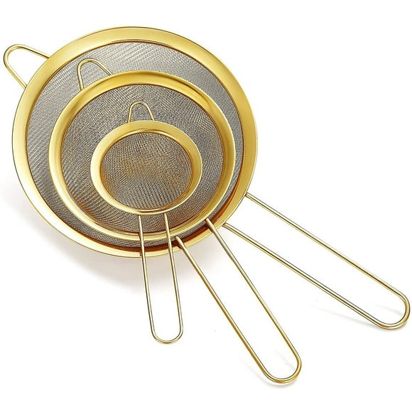 nipocaio 3 piece set of gold fine mesh strainer, gold flour sifter for baking, stainless steel clander, gold matcha tea strainer, sauce separator, strainer pasta sieve