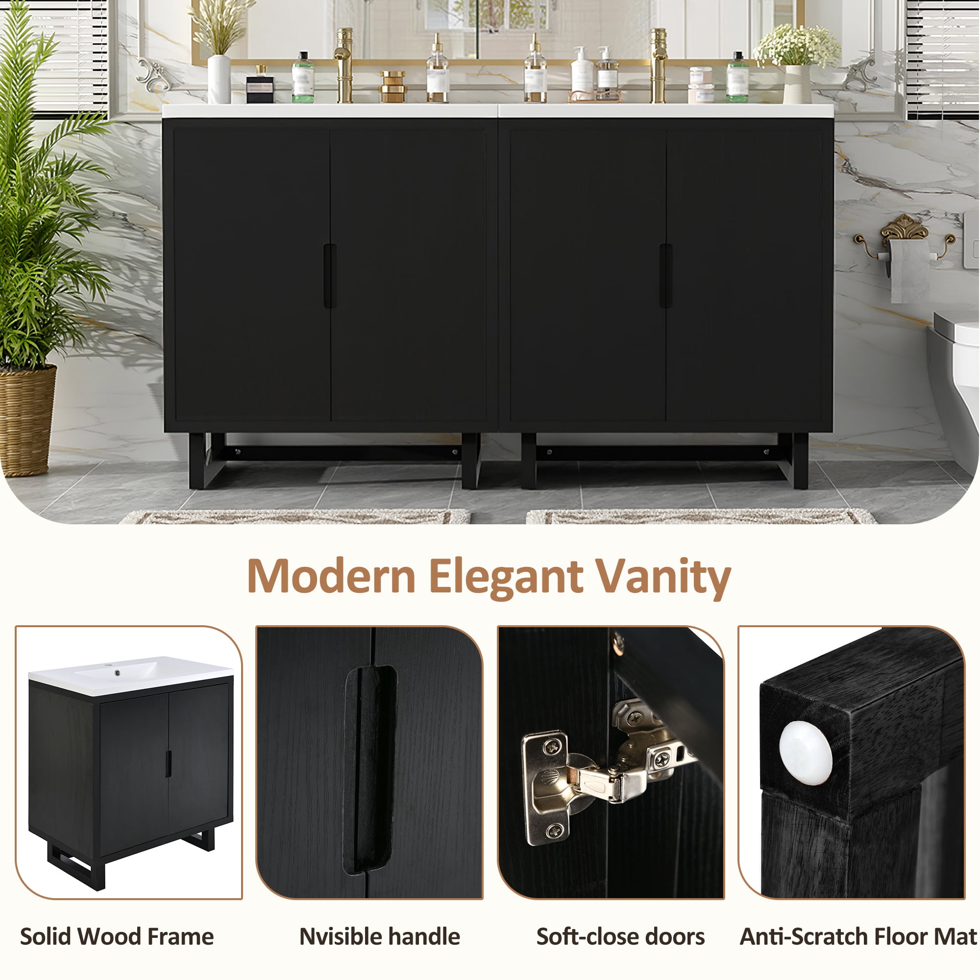 Euroco 60.2" Bathroom vanity Set with Sink, Combo Cabinet, Bathroom Storage Cabinet, Solid Wood Frame