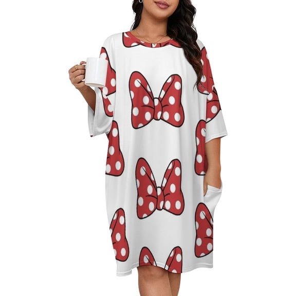 Polka Dot Mouse Bow Sleepshirts For Sleeping Travels Loose Sleepdress Pajama Dress Soft Nightdress Sleepwear