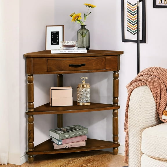 Brown 33.8'' Triangle Corner Table With 3 , Solid Wood Legs For Living Room Table, Tier,