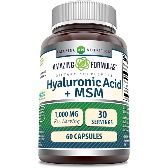 Amazing Formulas Hyaluronic Acid & MSM 1000 Mg Per Serving 60 Capsules Supplement | 100mg Hyaluronic Acid & 900mg MSM Per Serving | Non-GMO | Gluten Free | Made in USA