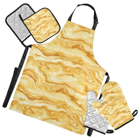

5 Pcs Kitchen Set Heat Resistant Oven Mitts and Non-Slip Pot Holders with Adjustable Cooking Apron Yellow Orange Marble