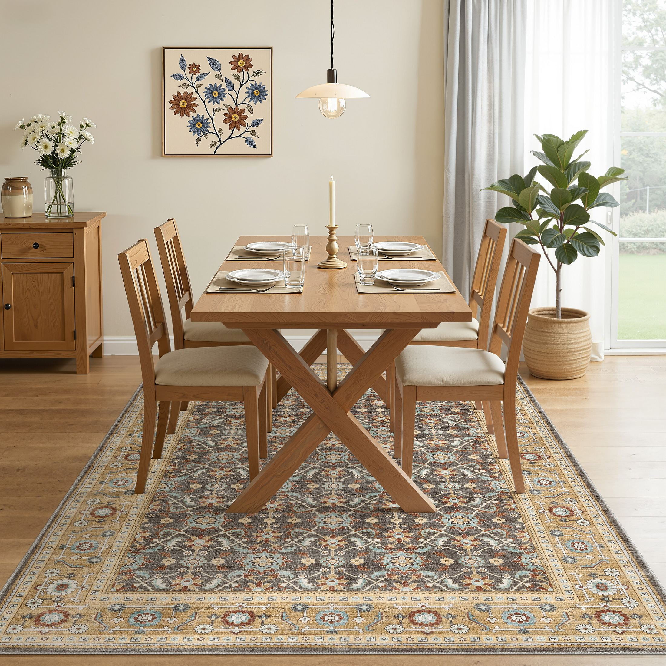 UERMEI 5'x7' Washable Area Rugs for Living Room, Vacuum Friendly, Non-Silp Low-Pile Rug for Bedroom, Boho Home Decor Carpets, Brown