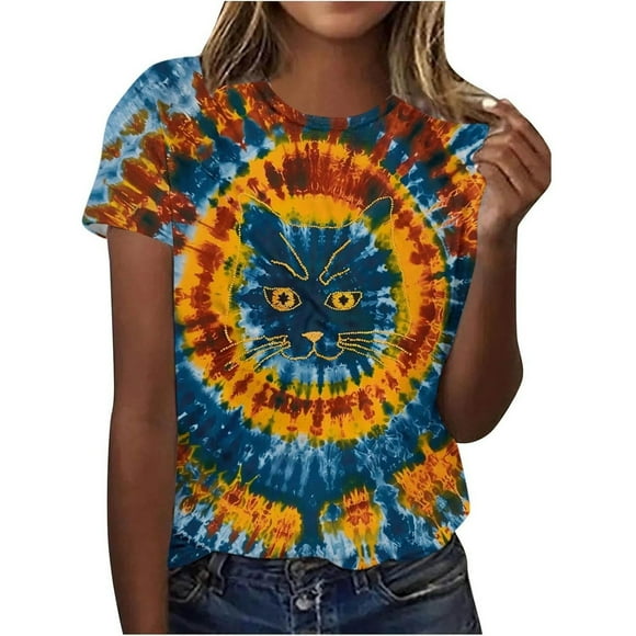LUOGENLI T-shirts Women's Short Sleeve Tie Dye T Shirt Animal Motif Top with Cat Cow and Giraffe Pattern Casual Loose Fit Tunic Blouse for Teen Girls M