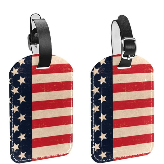 Square 2Pack PU Leather Patriotic American Flag Cruise Luggage Tag with Privacy Cover and Name ID Tag for Travel Handbags Backpacks Luggage Tags