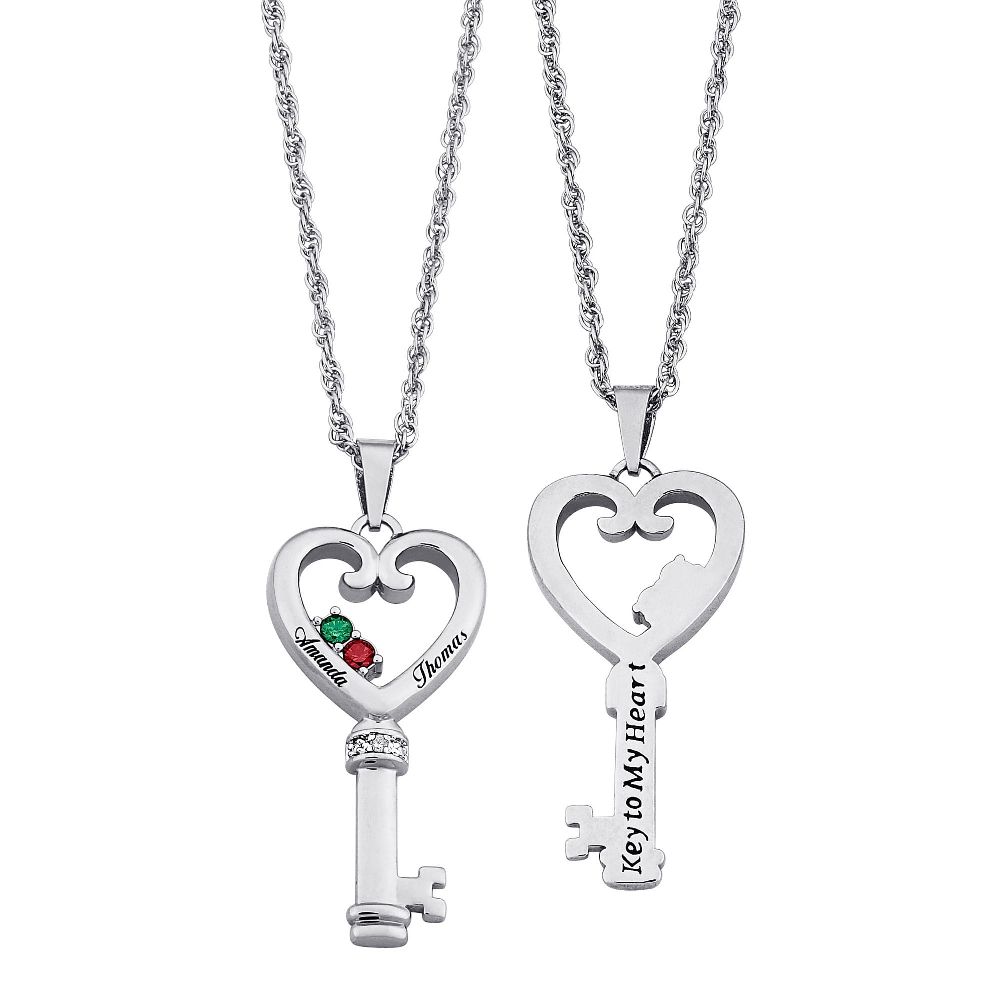 Personalized Planet Couple's Name & Birthstone Heart Key Diamond Accent Necklace ,Women's