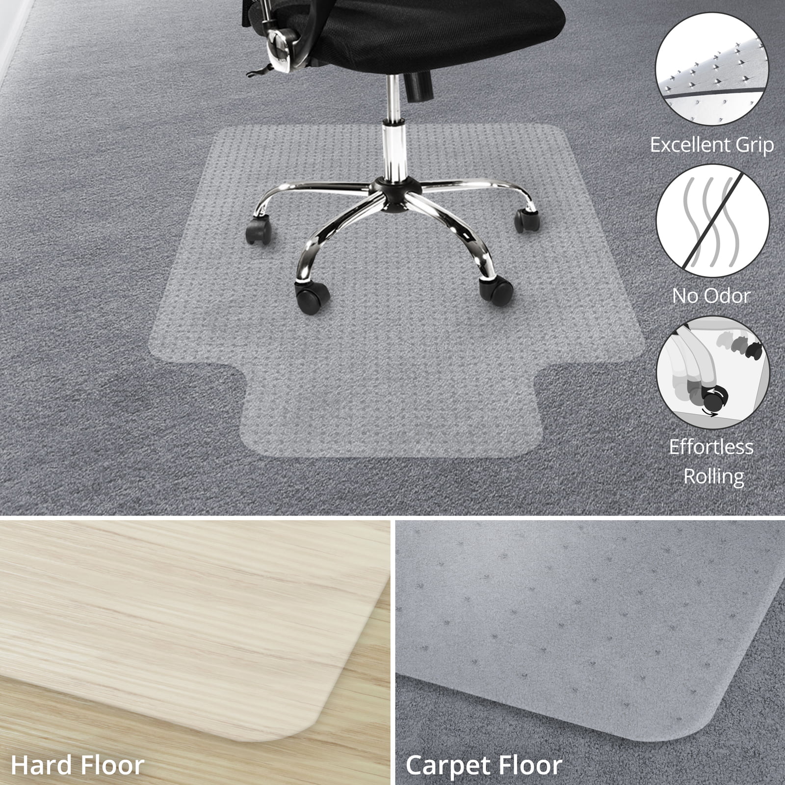 Office Black PVC Chair Mat for Hard Floors Protection 40 x 48 With Lip Anti-Slip