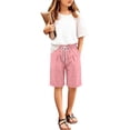 thumbnail image 5 of HAOTAGS Teen Girls Linen Shorts(4-15), Elastic Waist with Drawstring Summer Daily Shorts with Pockets Pink 12-13Years, 5 of 8