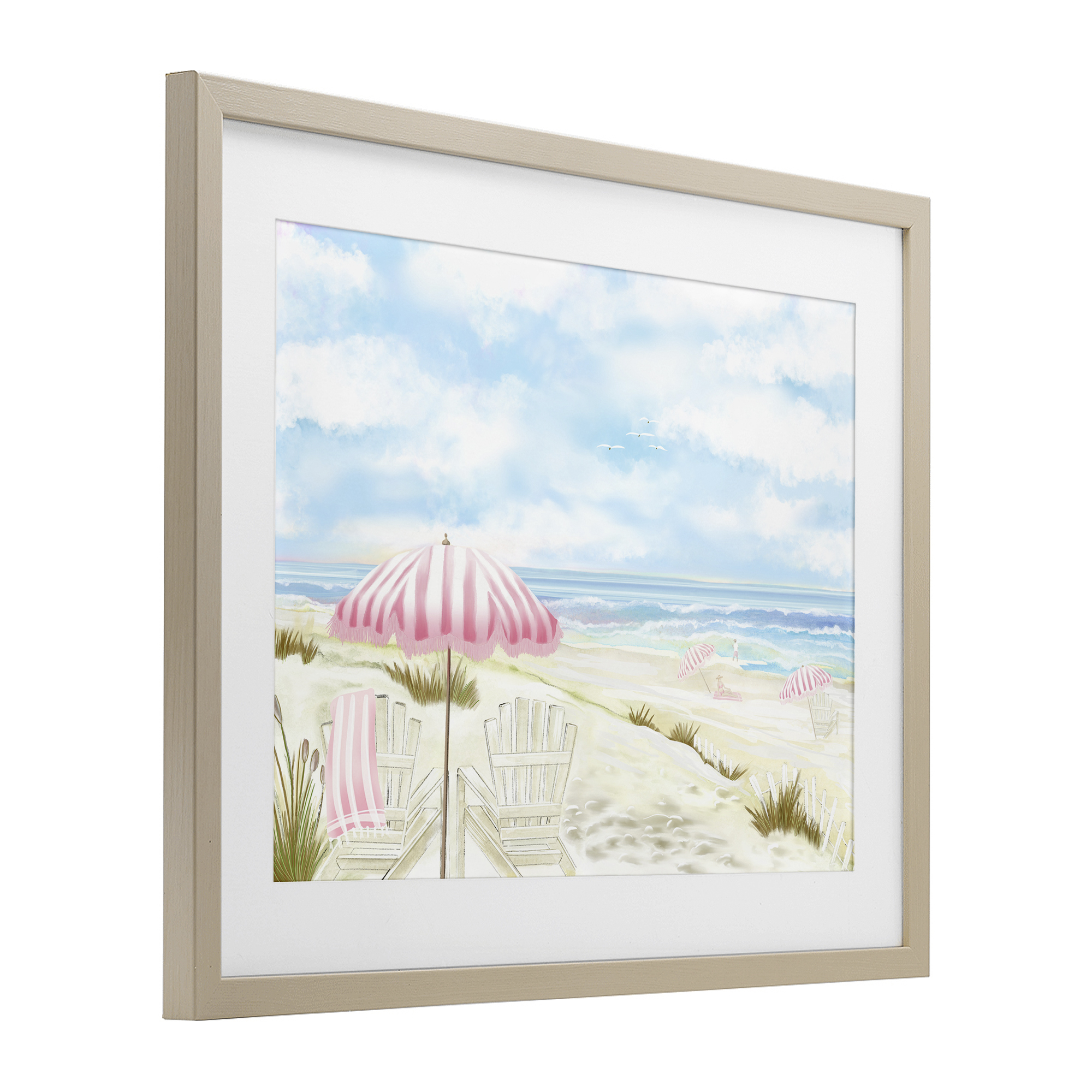Seascape with Pink Umbrella Birch Framed Print Under Glass, design by Lori Mosley