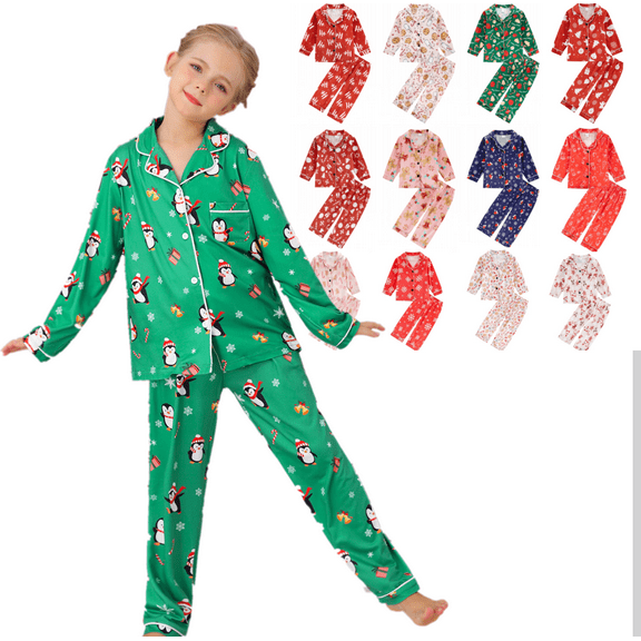 1-8Y Toddler Boys Girls Satin Silk Long Sleeve Christmas Pajamas Set Kids Button Down 2PCS Pjs Sleepwear