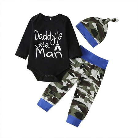 

QWERTYU Newborn Infant Baby Toddler Clothing Set Bodysuit and Pants Set Long Sleeve Letter Print Outfits with Hat for Boy 0-2Y