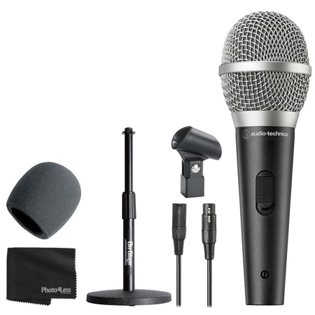 Audio-Technica ATR1500x Unidirectional Dynamic Handheld Mic + On Stage Adjustable Desk Microphone Stand + Foam Windscreen + Cleaning Cloth