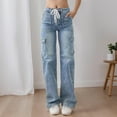 thumbnail image 5 of Cargo Jeans for Women Straight Leg High Waisted Drawstring Solid Color Straight Leg Stretch Denim Pants with Pockets Lightweight Casual Trousers, 5 of 5