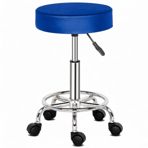 Adjustable Height Swivel Salon Stool with Wheels, Round PU Leather Rolling Bar Stool for Barber Shop, Spa, Office, Blue
