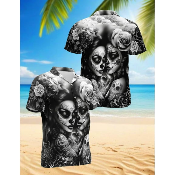 Lesbian Skull Couple Hawaiian Shirt for Men, Button Down Summer Beach Short Sleeve, S-5XL