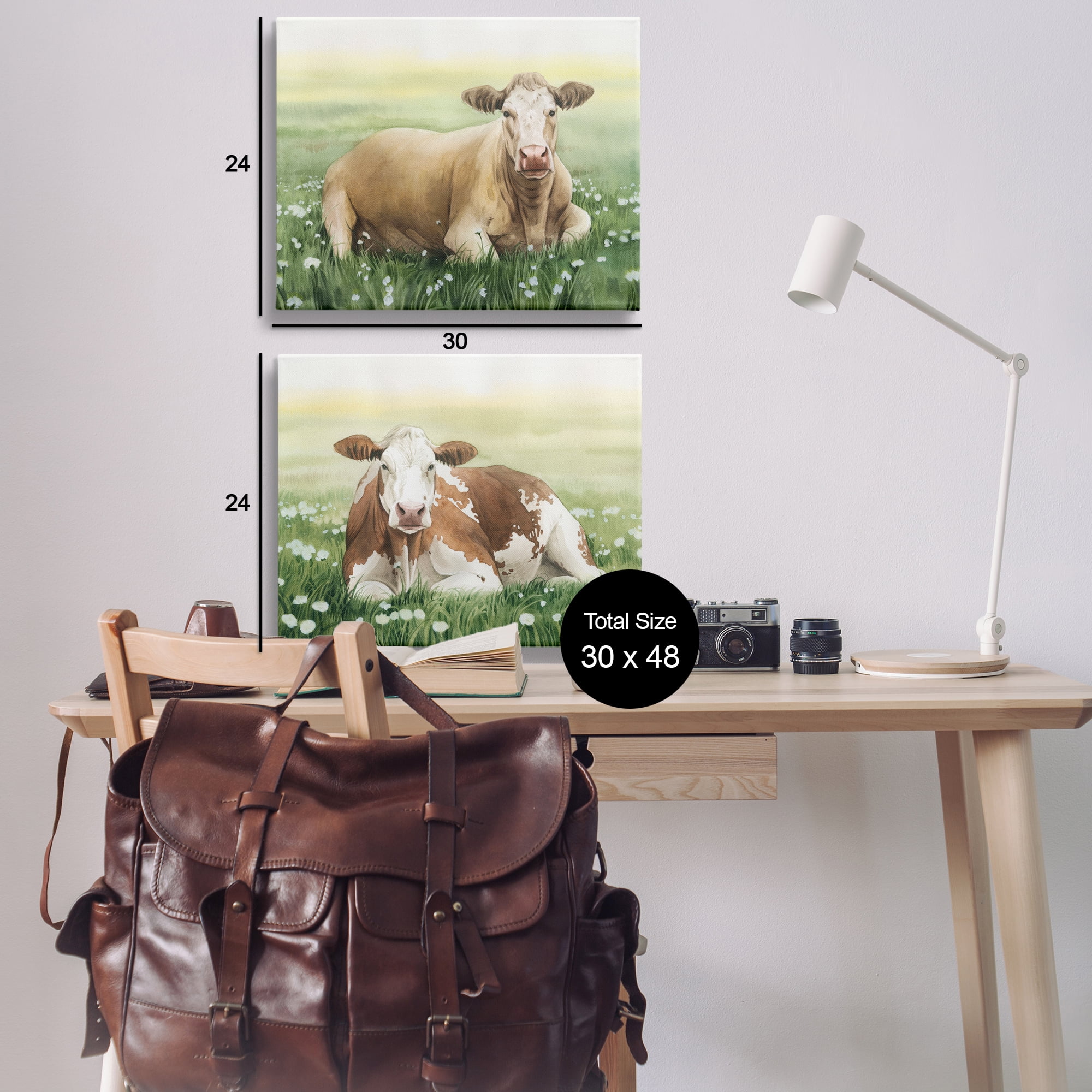Stupell Industries Cows Resting in Flower Field Animals Painting Wrapped Canvas Art Print Wall Art, 30 x 24, Set of 2