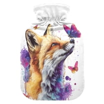 2L Hot Water Bottle with Soft Velvet Cover PVC Hot Water Bag for Pain Relief Long-Lasting Warmth Fox and Butterflies