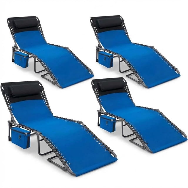 Multifunctional Reclining Garden Chair-Foldable with Side Pockets & Removable Pillow,Adjustable Backrest-Lightweight and Portable,Suitable for Outdoor Use, Beach, Pool,and Camping-Set of 4,Blue