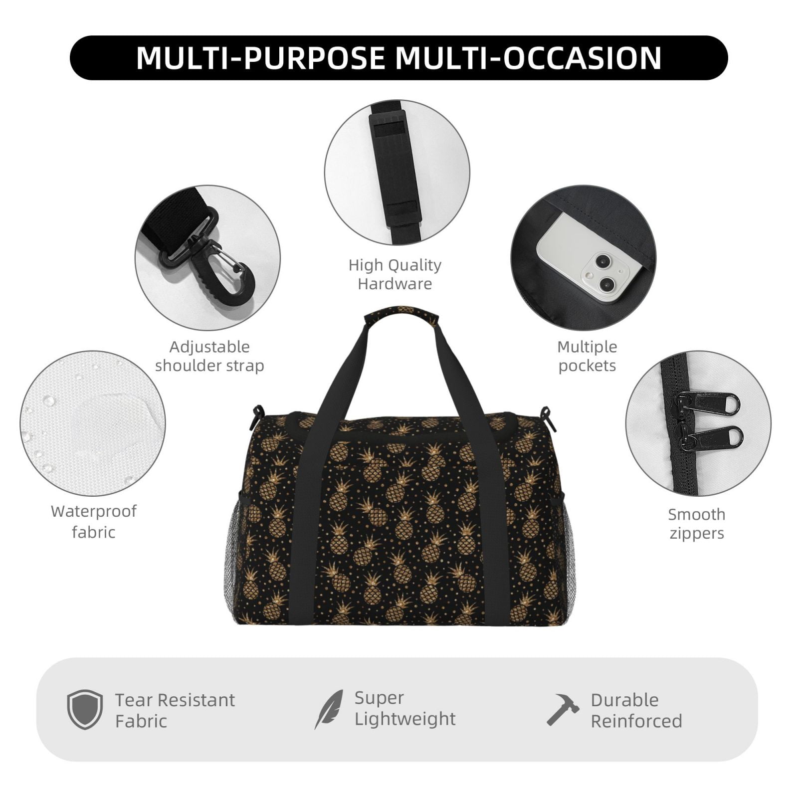Fuzoiu Gold Glitter Pineapples Print Travel Duffle Bag,Carry On Tote Bags,Duffel Bag,Sport Gym Bag, Hospital Bag for Labor and Delivery, Overnight Bag,Luggage Bag