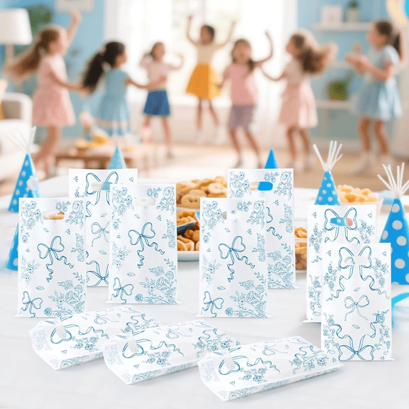 Laffact 50pcs White Blue Goodie Bag Floral Bow Party Favor Bag for Wedding Birthday Party