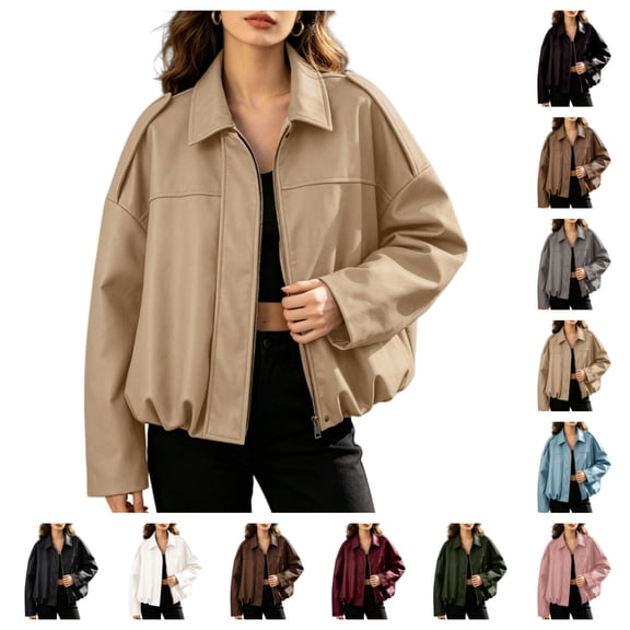 SAWOBUUN Women Faux Leather Bomber Jacket Batwing Sleeve Loose Fit Cropped Coat Casual Trendy Outerwear