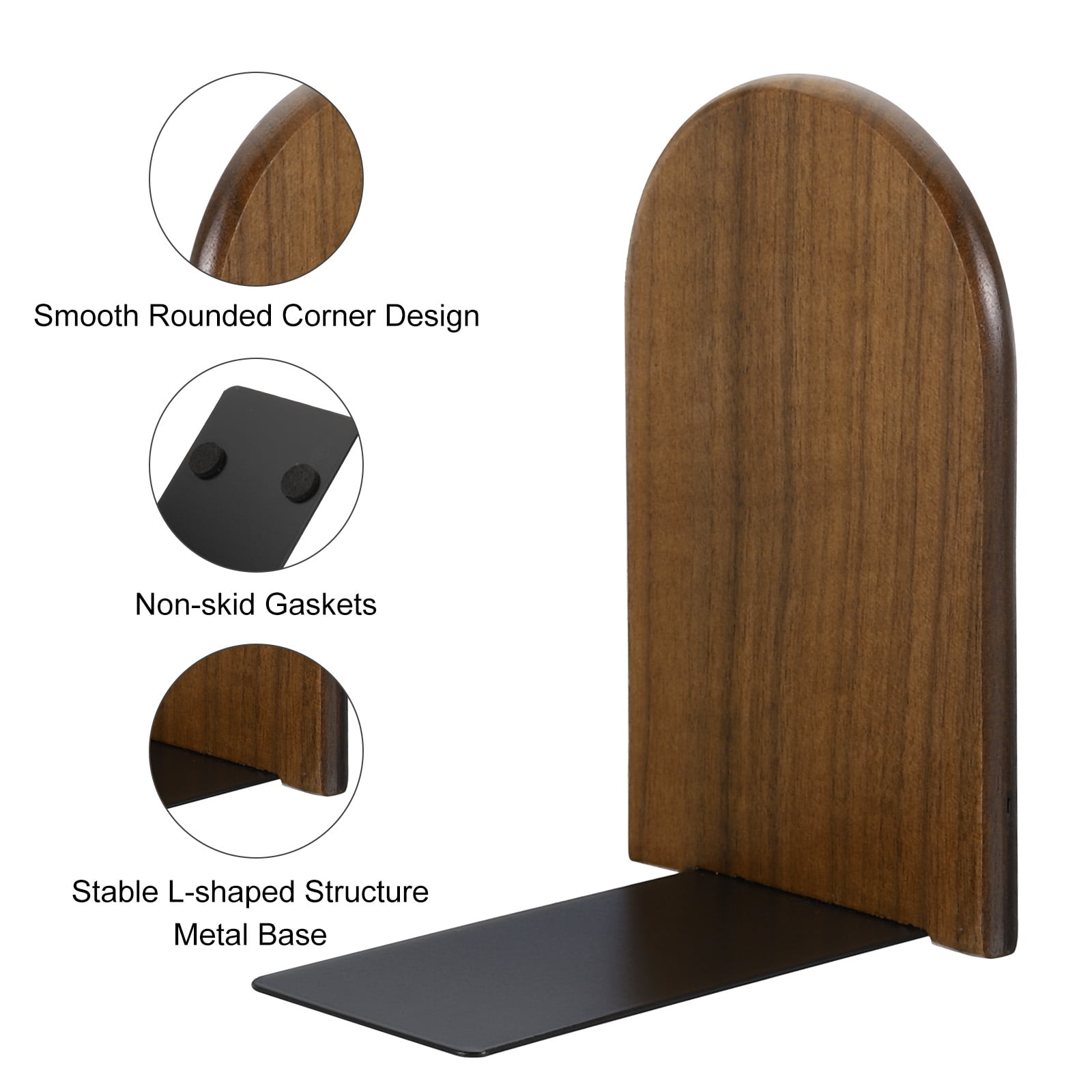 Unique Bargains Wood Bookend with Metal Base Non-skid Round Head Book Ends Walnut Wood