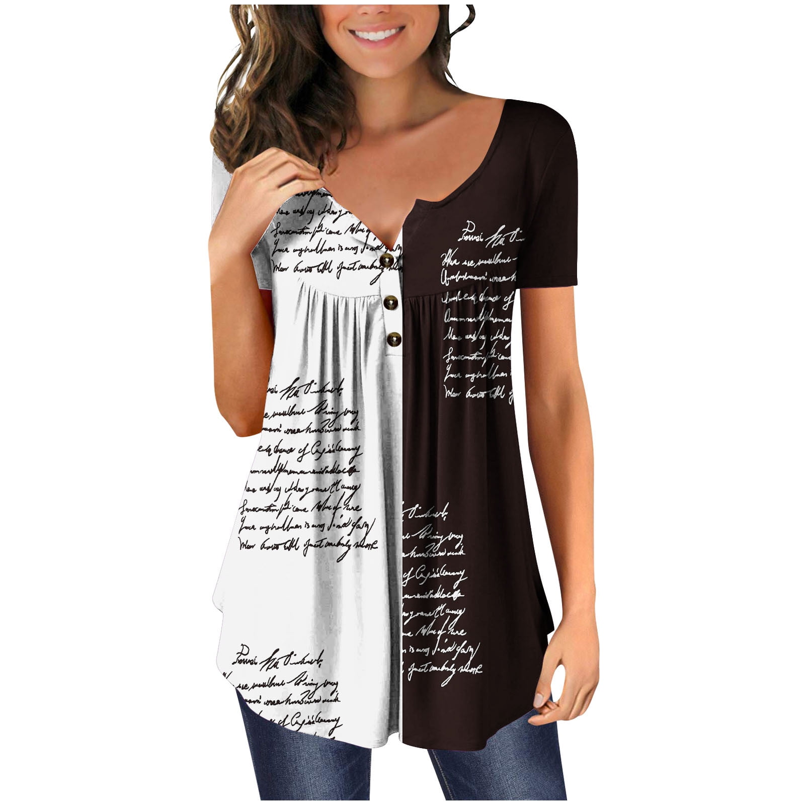 Olyvenn Fashion Ladies Pleated Swing Shirts for Women Short Sleeve