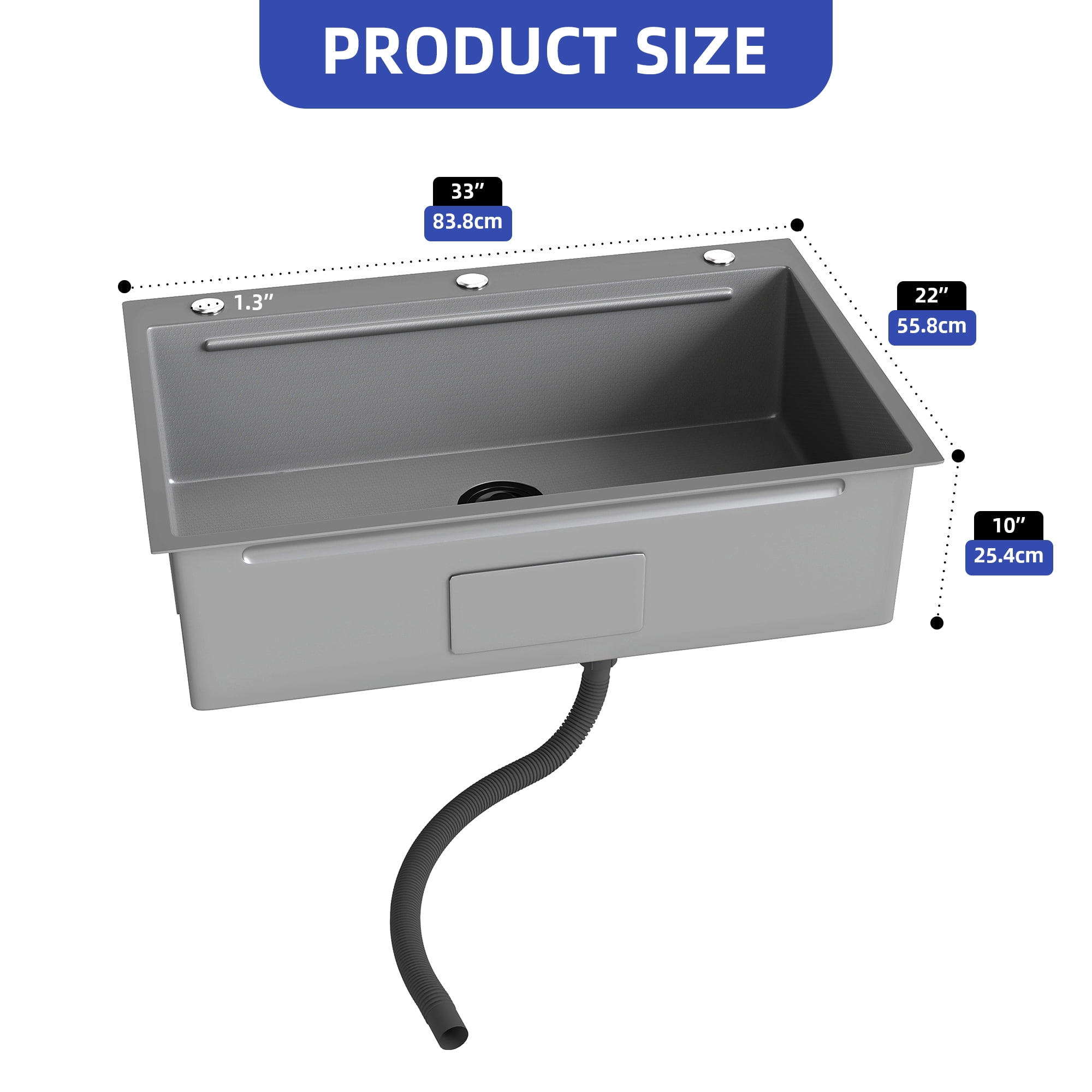 ModFusion 33″ Single Bowl Gunmetal Workstation Kitchen Sink, Drop-In Nano Stainless Steel, Drain Kit, 2.7'x1.8' ft Ledge Accessories, Wood Cutting Board, Gray