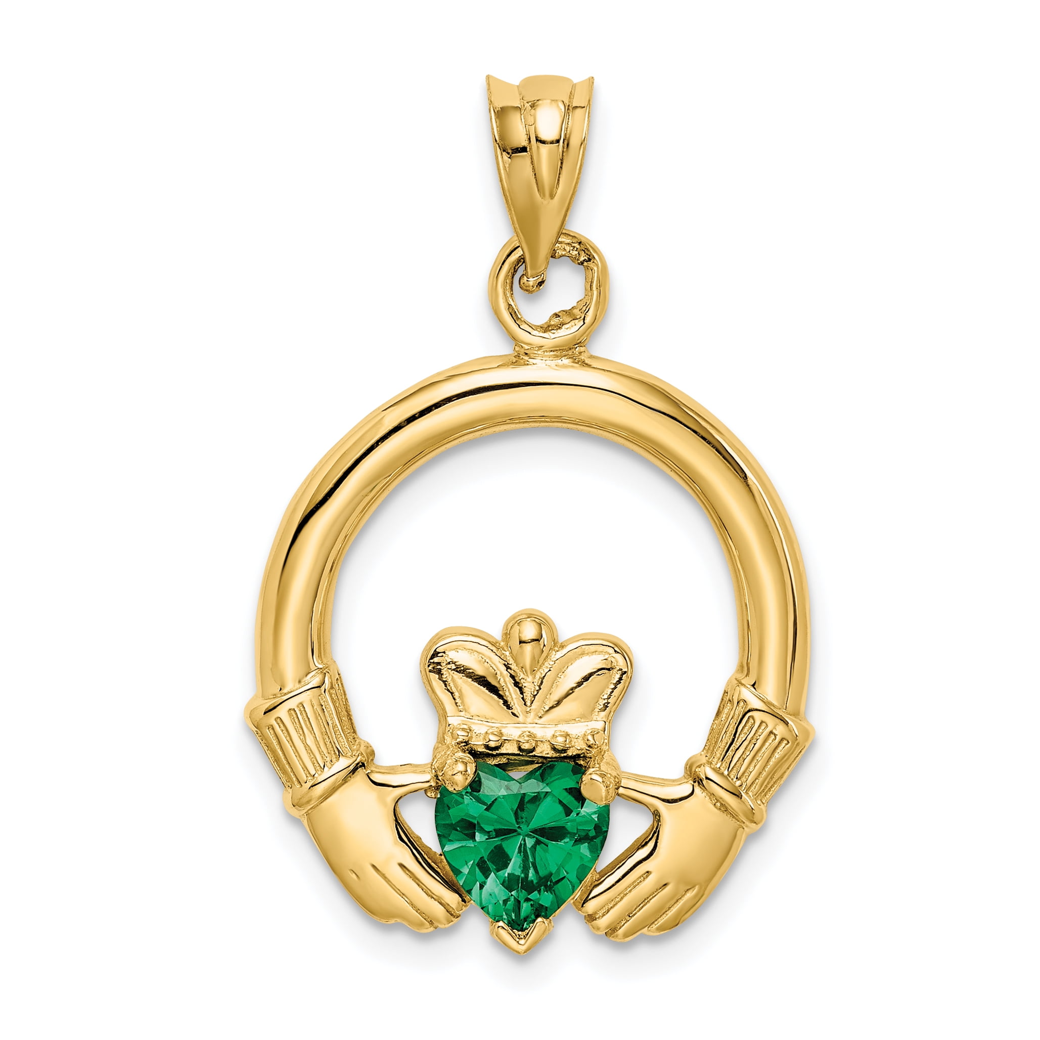 14kt Yellow Gold Irish Claddagh Celtic Knot Synthetic Green Stone ...