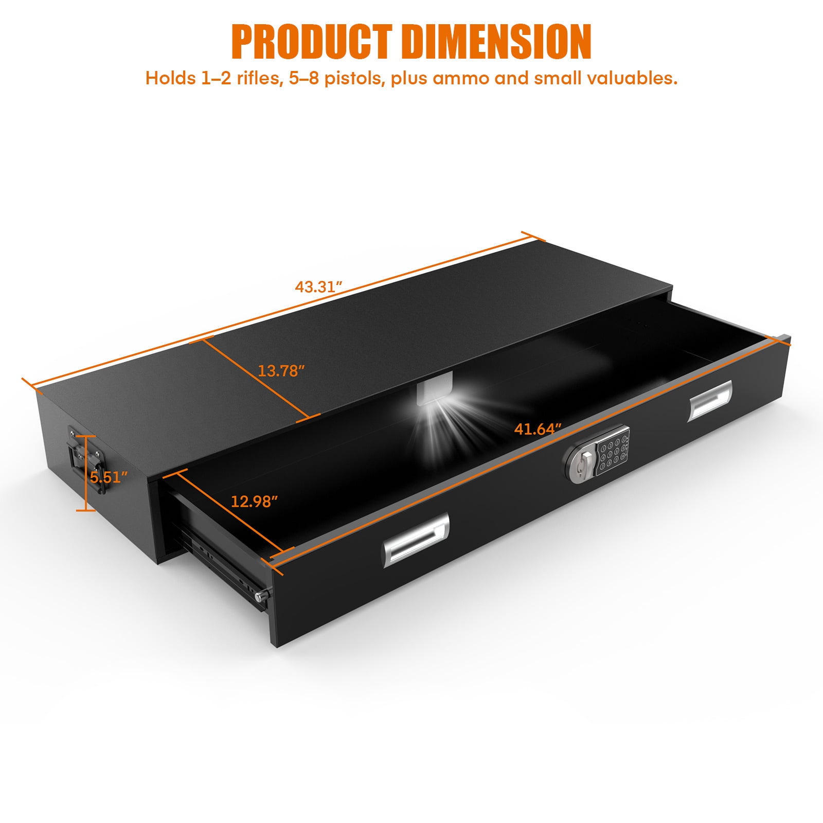 Metateel Under Bed Gun Safe Drawer - Long Storage Case for Car Trunk Gun Storage - 43.3"L x 13.8"W x 5.5"H