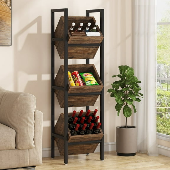 Freestanding Floor Wooden Wine Storage Stand Rustic Brown, Black