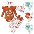 thumbnail image 2 of CAICJ98 Newborn Outfit Baby Girl Going Home Outfit Ruffle Long Sleeve Letter Print Ribbed Romper Top Floral Pants Set 4Pcs Cute Fall Winter Clothes,Size 0-1 Months, 2 of 8