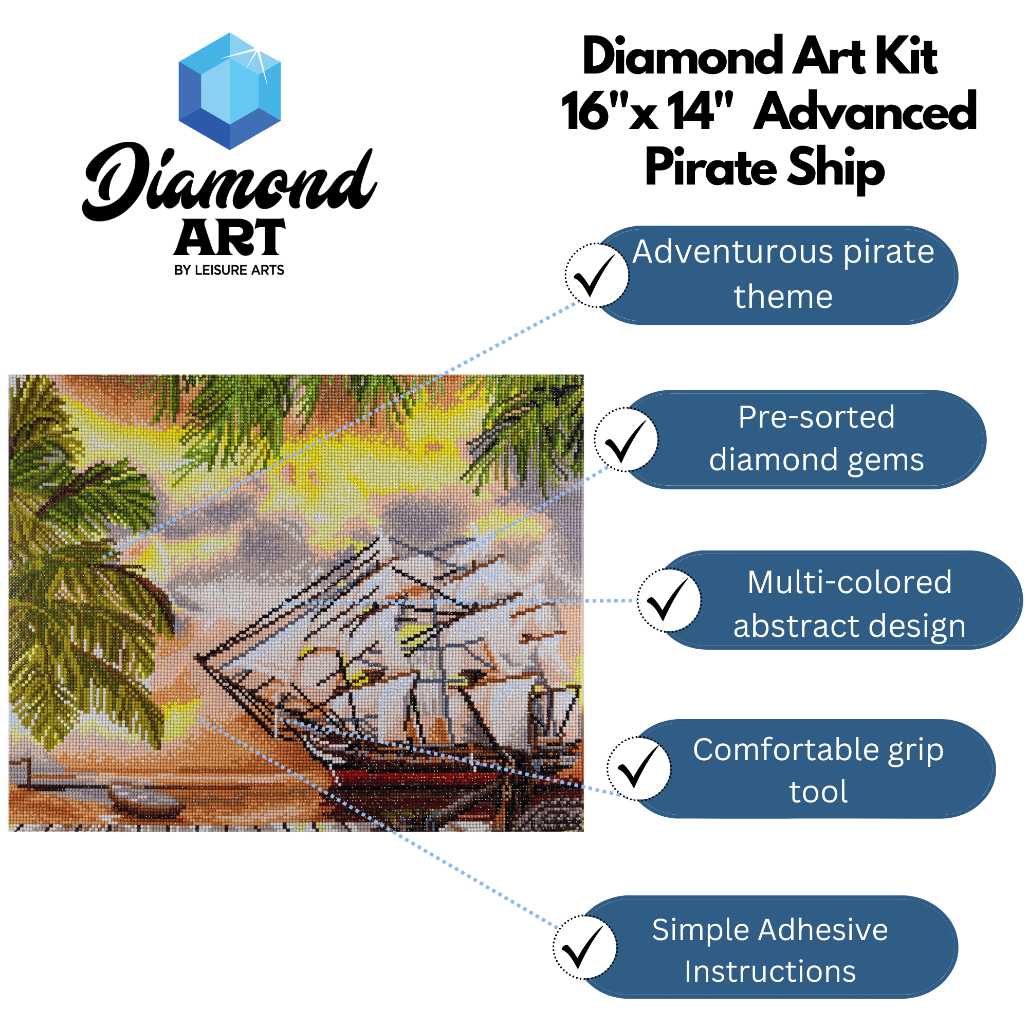 Diamond Art By Leisure Arts Diamond Painting Kits For Adults 14"X16" Advanced Pirate Ship, Full Drill, Art Kits, Dimond Art, For Adults, Kit