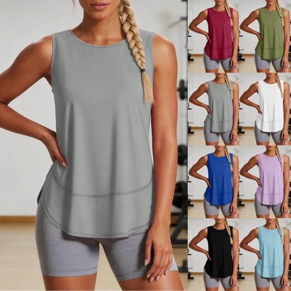 FengLS Sports Tank Tops for Women Summer Loose Round Neck T-Shirt Solid Sleeveless Side Slit Tops Casual Daily Curved Hem Vest for Yoga Athletic