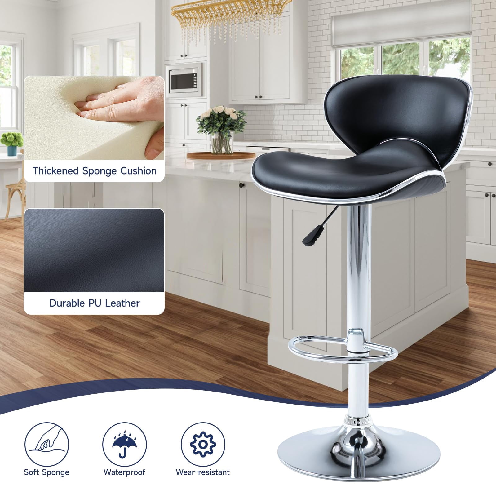 Adjustable Swivel Bar Stools Set of 2 , Modern PU Leather Upholstered Bar Chairs with Chrome Base for Kitchen Island, Dining Room, Pub, Counter (Black,Silver Base)