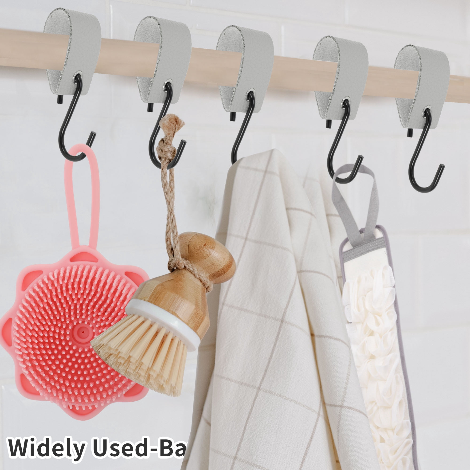 Unique Bargains Pack of 5 S Hooks with Leather Loop for Wardrobe Silver Tone Gray