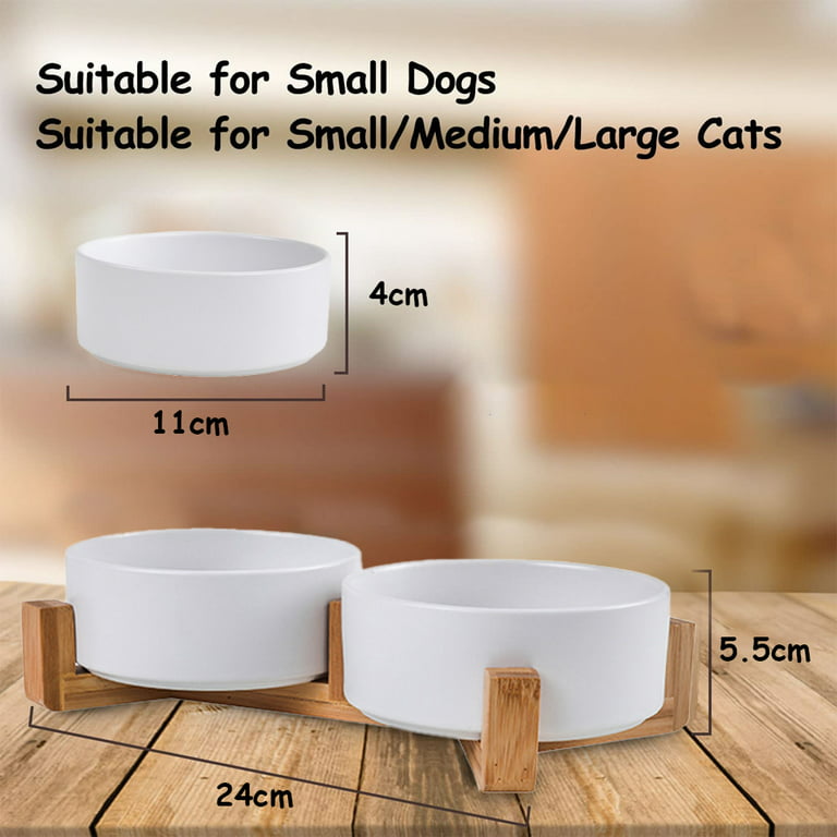 Ceramic Dog Bowl - Cat Dog Bowls with Non Slip Wood Stand - No