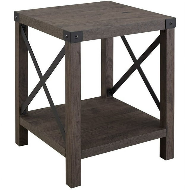 Table d'Appoint en Métal Style Ferme avec Étagère Inférieure en Gris Sable