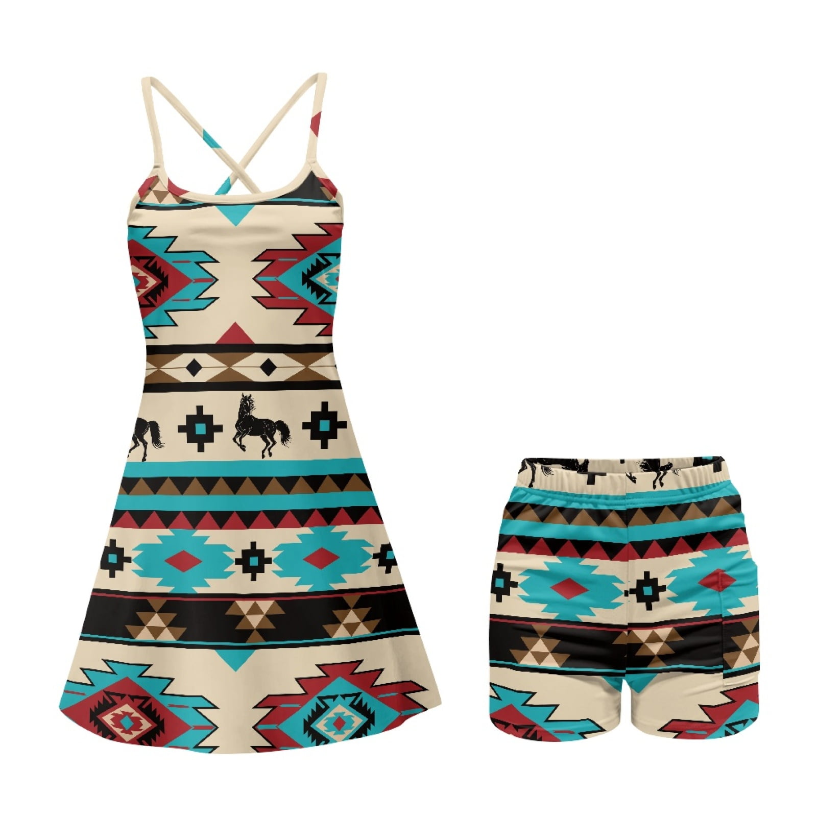 Yuyamidu Aztec Horse Women Athletic Dress Summer Tennis Golf Dresses for Women Size L Southwestern Tribal Workout Active Sports Dress and Built in Shorts with Pocket