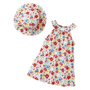 Girls' Clothing Sets Holiday Wind Beach Dress Flowers Full Print Sleeveless Round Neck Back Button Dress Sun Hat Clothes 18 (12 Months-18 Months)