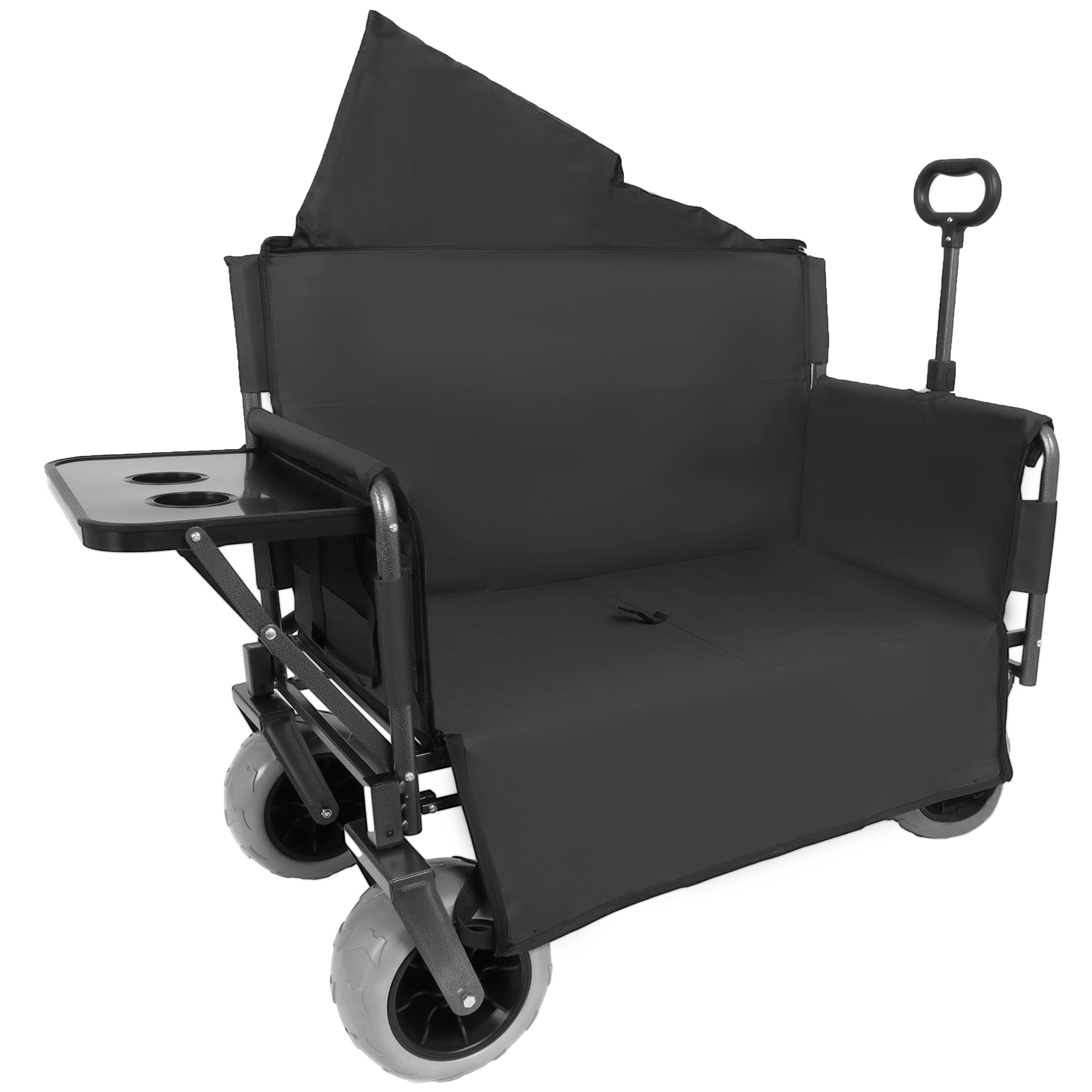3-in-1 Collapsible Folding Wagon Cart Black, Convertible Bench with Rear Folding Tabletop and Cup Holders, 360°Swivel All-Terrain Wheels for Camping, Beach, Garden, Fishing