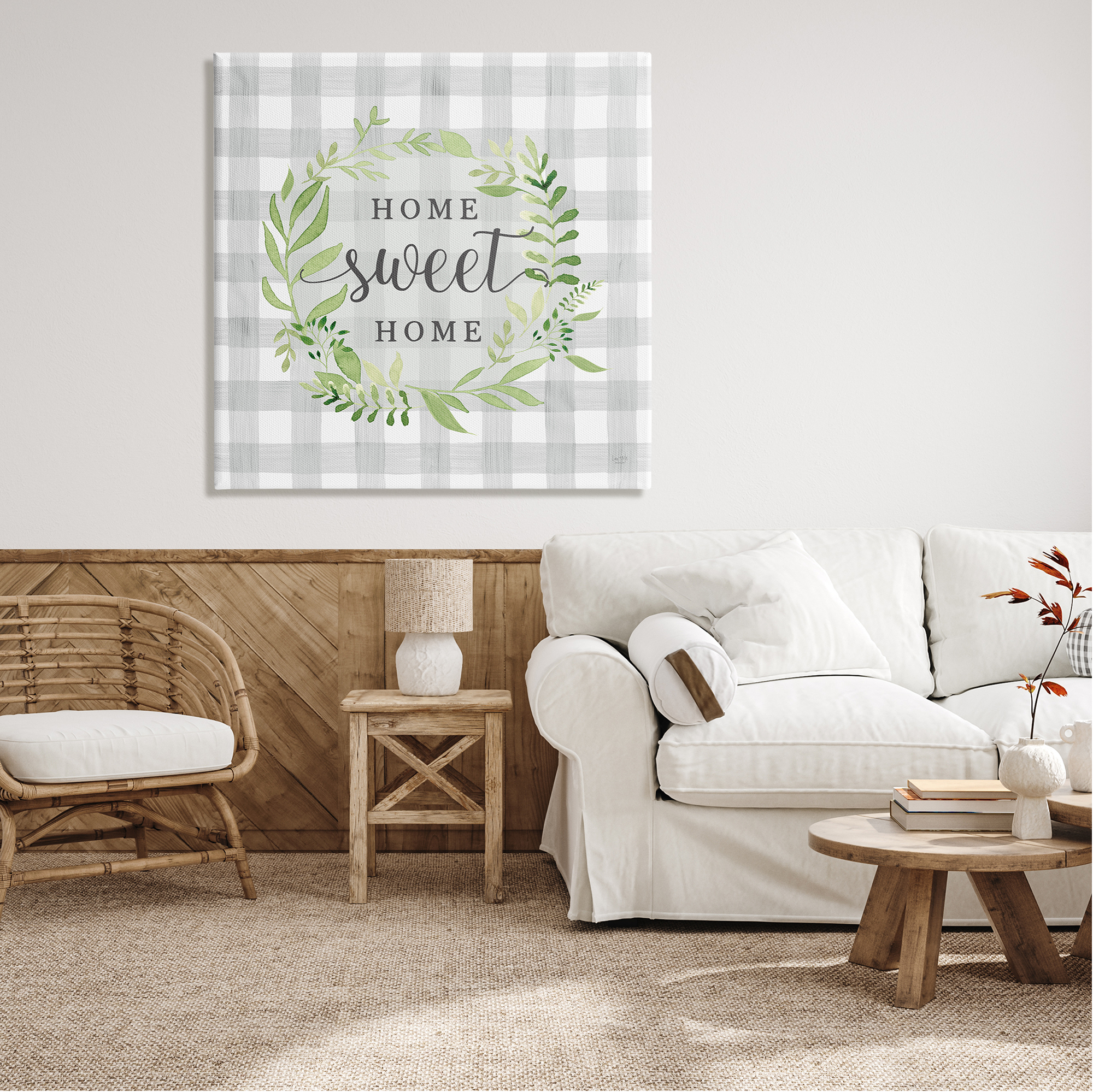 Stupell Industries Sweet Home on Grey Gingham Botanical & Floral Painting Gallery Wrapped Canvas Print Wall Art, 36 x 36