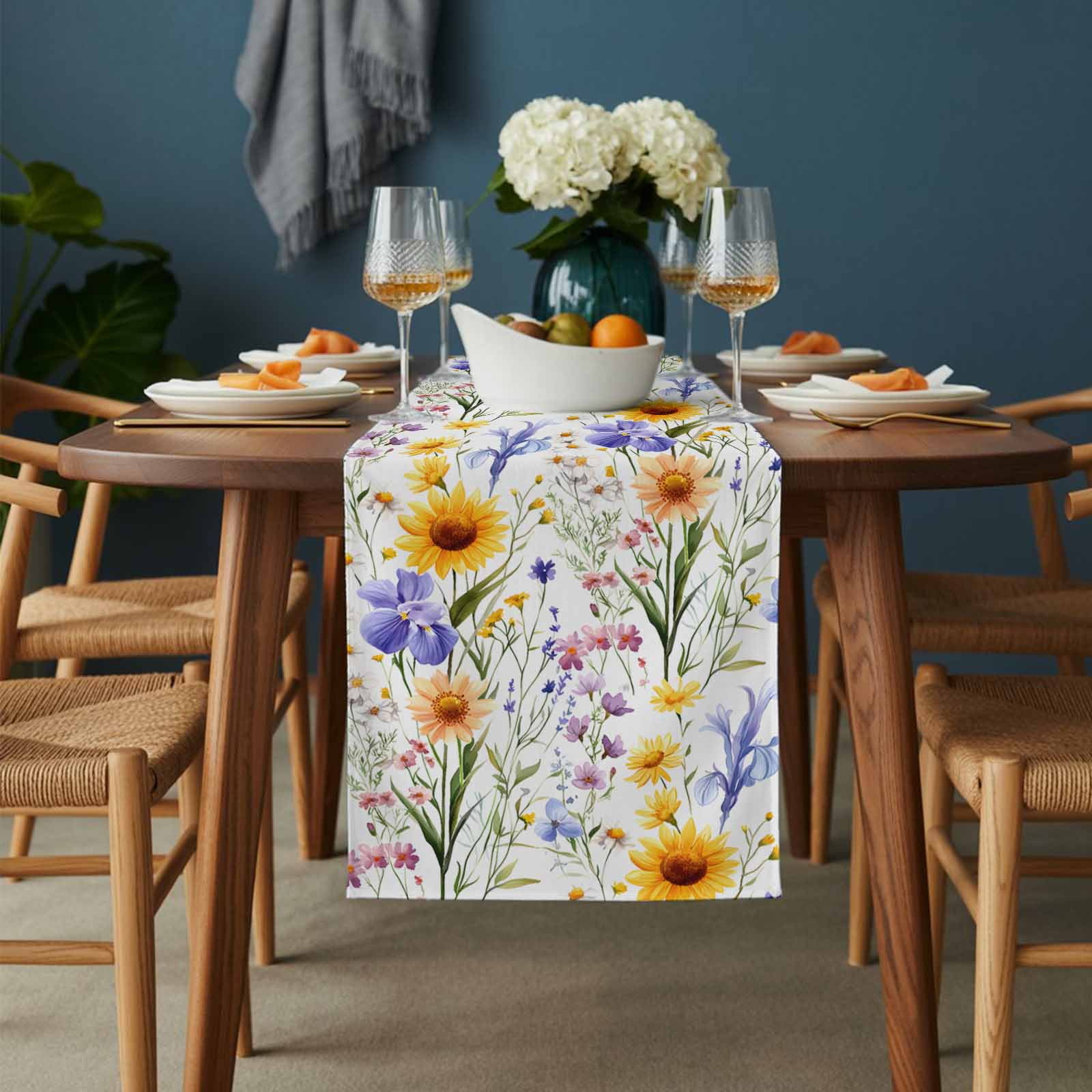 Wildflowers Table Runner 13x120 inch Spring Summer Cotton Linen Dining Table Runner Ideal for Dresser Kitchen Coffee Tables - Machine Washable