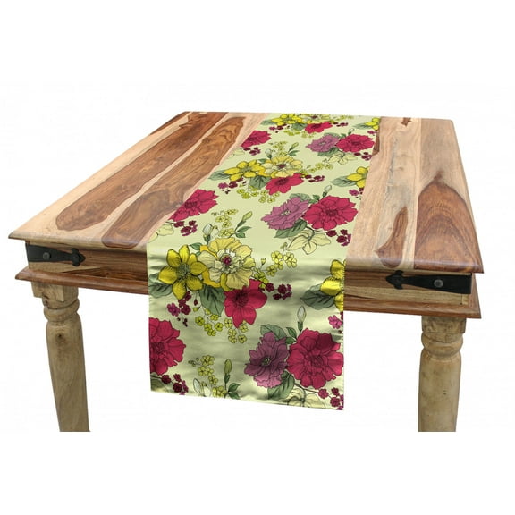 Floral Table Runner, Continuous Illustration of Naive Nature Style Spring Style Blossoms, Dining Room Kitchen Rectangular Runner, 3 Sizes, by Ambesonne